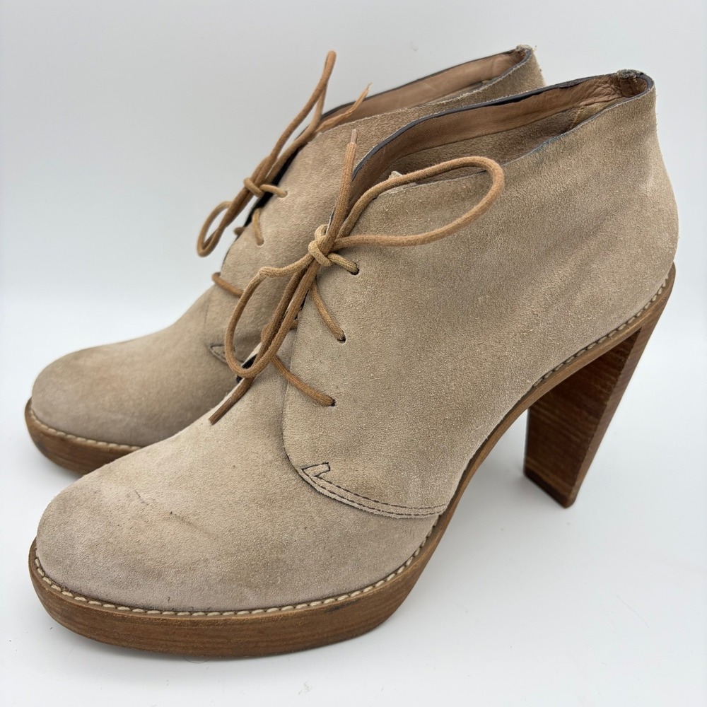 Cole Haan Stephanie Suede Chukka Booties W9.5 Platform Heel Taupe Minimalist